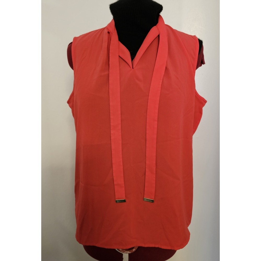 Calvin Klein Women's M Coral Sleeveless Blouse Tie Neck V Neck Lightweight Top